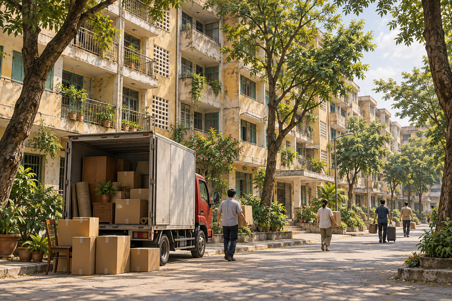 Ảnh AI minh họa việc chuyển đồ tại một khu chung cư cũ giả định, không phải cư xá Thanh Đa