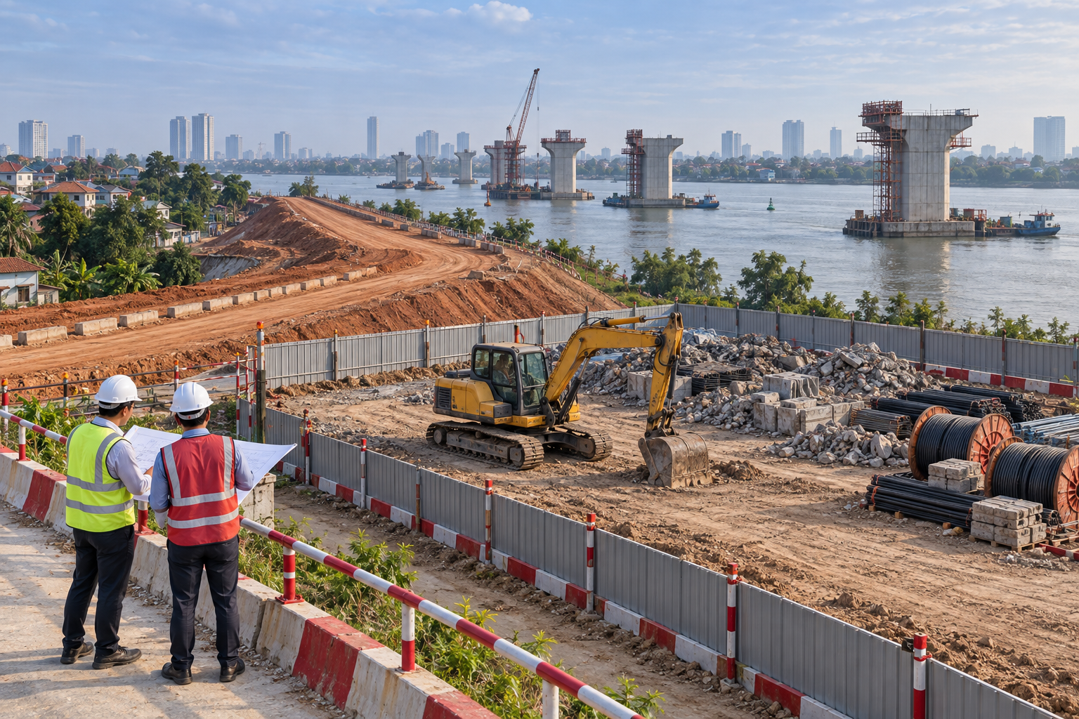 Ảnh AI minh họa mặt bằng dự án cầu giả định, không phải hiện trường cầu Tứ Liên hoặc Trần Hưng Đạo