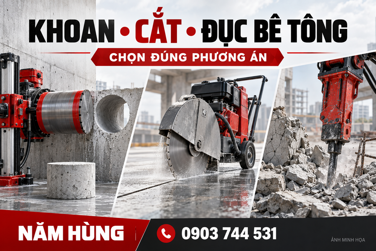 Ảnh minh họa khoan rút lõi, cắt và đục bê tông Năm Hùng