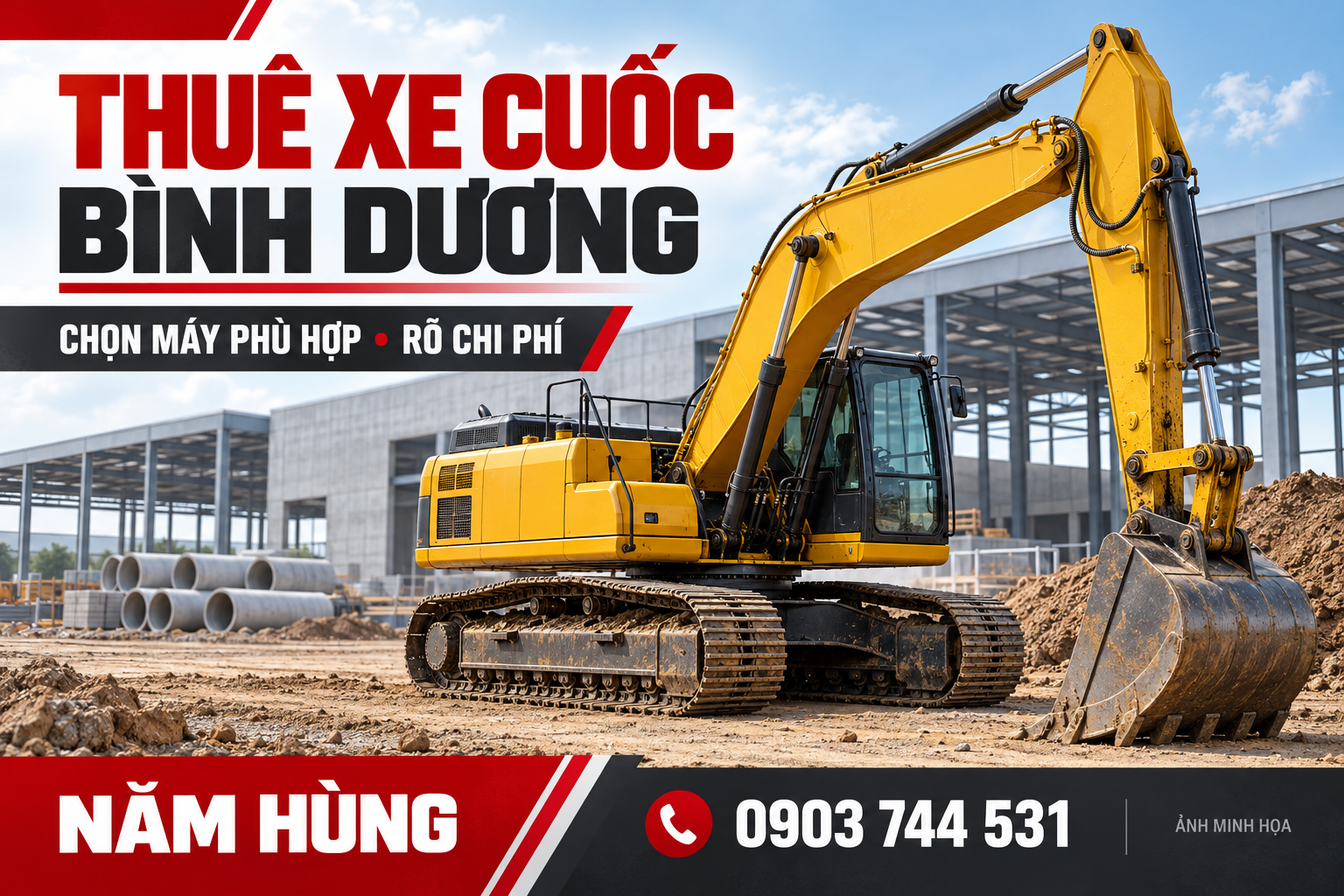 Ảnh minh họa xe cuốc tại công trường và dịch vụ thuê xe cuốc Năm Hùng